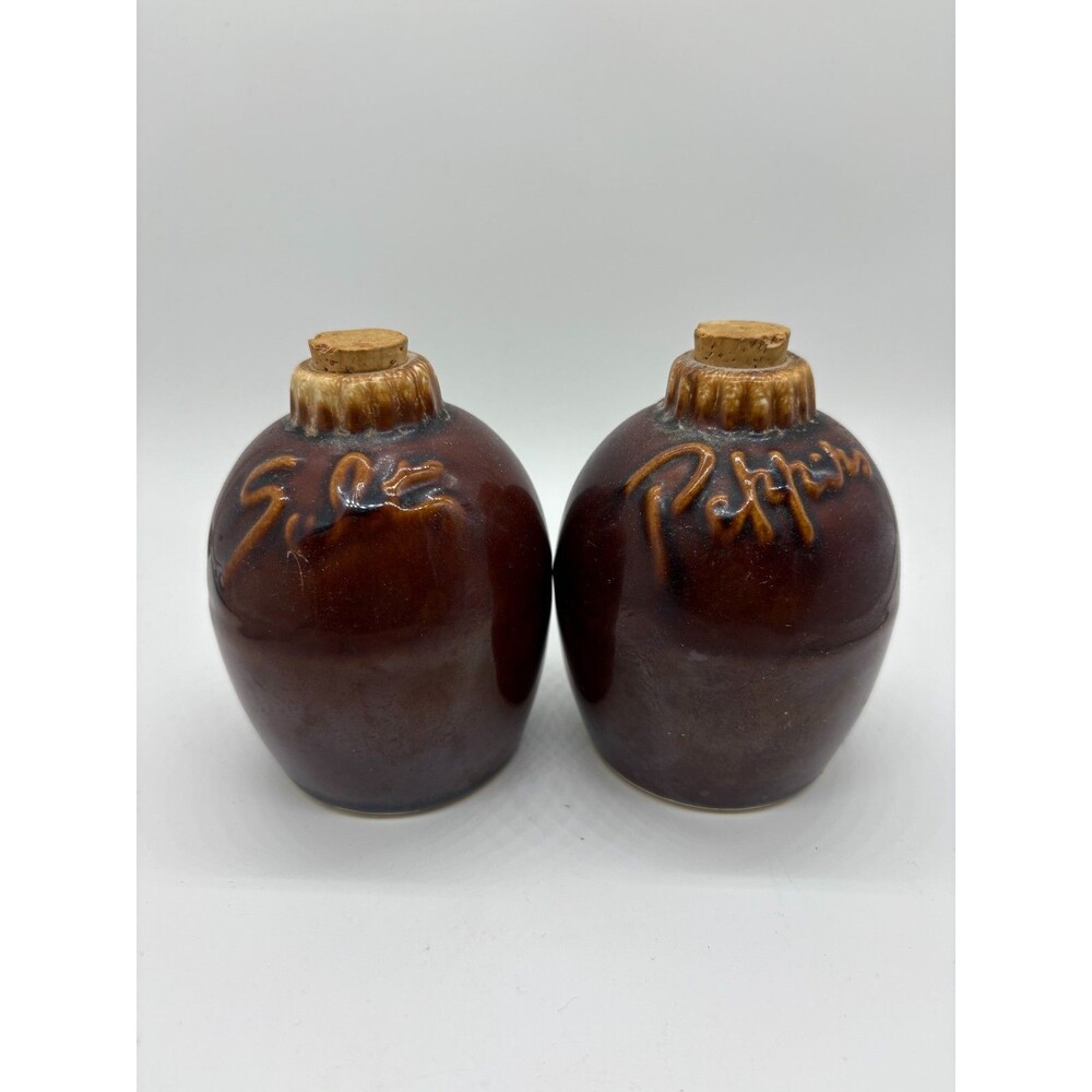 Vintage Hull Brown Glaze Drip Ware Salt Pepper Shakers Set with Original Cork 4"